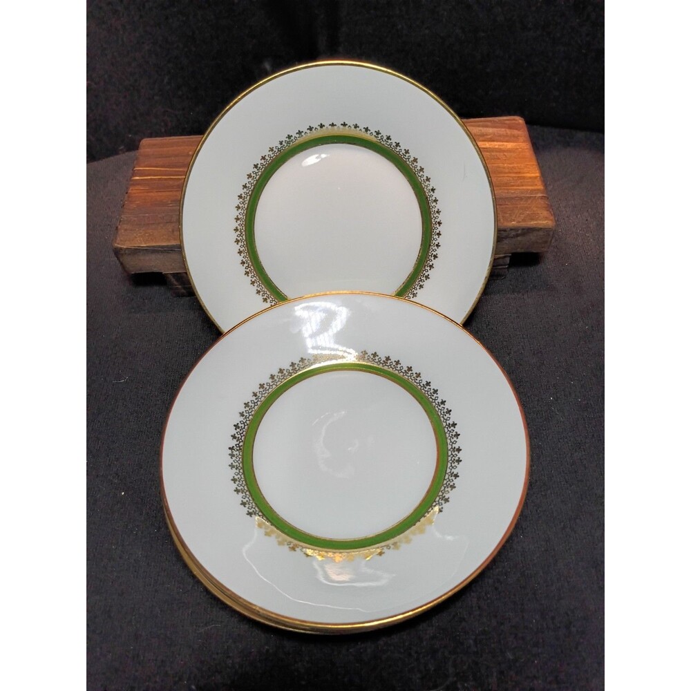 CH Field Haviland Limoges France 4 Saucers Berry Dessert Plates Green Gold